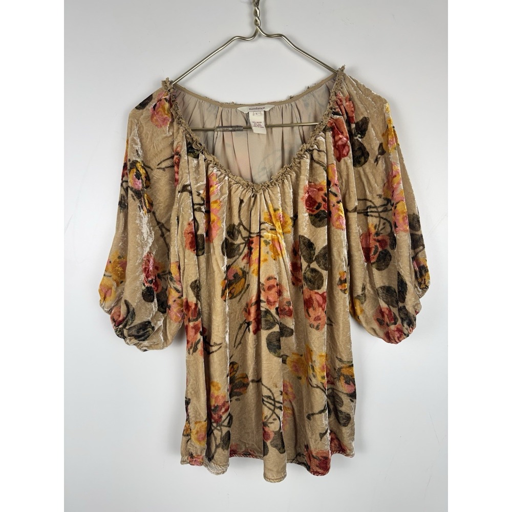 Sundance Silk Blend Velvet Floral Blouse Large Tan Rose Scoop Neck Peasant Top L